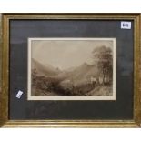 18th/19th Century black and white watercolour depicting a continental mountainous landscape with