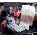 Collection of vintage lace items and an oriental black silk embroidered pillow case.