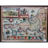 JOHN SPEEDE Map of Cornwall Hand coloured copper engraving with vignette of Launceston 15.5in x 20.