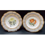 Pair of 19th Century cabinet dessert plates, foliate decorated and with gilt and blue trellis band