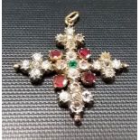 Silver gilt gem set cross pendant set with pink, green and clear stones, weight 9g approx.