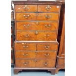 18th Century burr walnut veneered and crossbanded chest on chest, the moulded cornice over two short