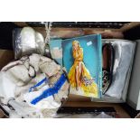 Box of vintage lace together with a pair of fur and suede Kurt Geiger ladies shoes etc.,