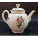 An 18th Century English porcelain tea pot, the ovoid body enamel painted with floral sprays, the