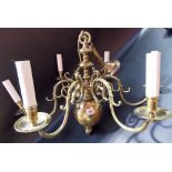 Modern Dutch style brass six branch ceiling light.