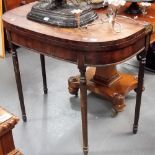 George III mahogany demi-lune card table, the hinged top revealing a green baize inset and on four