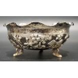 Eastern white metal embossed and engraved sugar bowl decorated with a band of buildings amongst