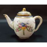 19th Century Sevres ovoid teapot and cover, the body painted with floral sprays and harebell swags
