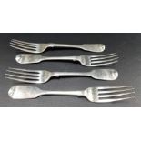 Victorian silver set of four fiddle pattern dessert forks, maker GA, London 1840, 1841 and 1842,