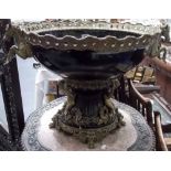 Ornate pottery bronzed spelter mounted oval jardinière with twin port handles, pedestal raised by