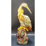 Majolica model of a heron on naturalistic base, height 20 in (af).