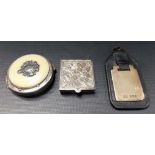 Silver key fob; together with a 925 silver square pill box and an ivory mounted circular coin