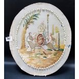 19th Century French silk stitch oval panel decorated with three figures before a plinth, French