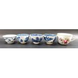 Four various blue and white tea bowls including an 18th Century Worcester transfer printed bowl