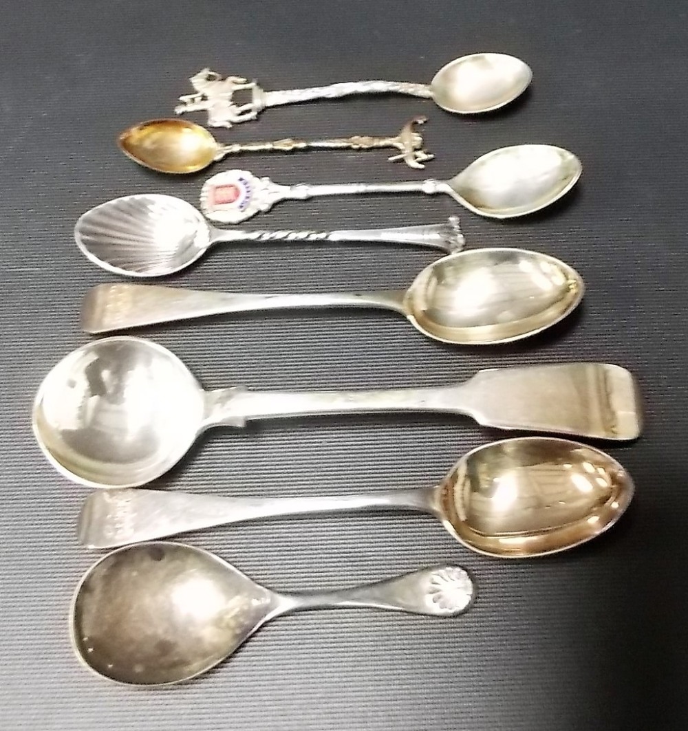 Modern silver caddy spoon together with five other various spoons and two Continental white metal