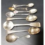 Modern silver caddy spoon together with five other various spoons and two Continental white metal
