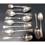 Nine various George III and later silver teaspoons together with a Victorian fiddle pattern