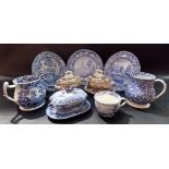 Collection of 19th Century transfer printed pottery wares including a lidded sauce tureen on