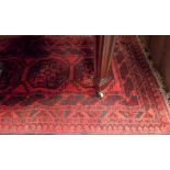 Eastern wool runner with six medallions within multiple geometric borders and on a red round, 41in x