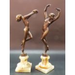 Pair of Art Deco style bronze nude girl dancer figures upon green onyx base, height 9.5in