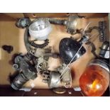 Box of vintage vehicle parts including a headlamp, AA car badge, etc.,