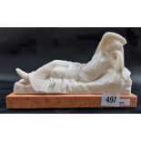 After Canova, an alabaster reclining Cleopatra, rose marble base, width 8.5in.