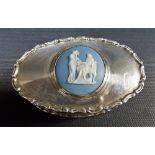 White metal and banded agate anchor shaped brooch within a silver hallmarked oval trinket box with