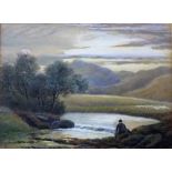 19th Century watercolour and body colour depicting a gentleman seated before a river landscape,