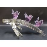 Italian art glass sculpture depicting three amethyst colour birds upon a clear branch by Licio