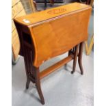 Edwardian inlaid and crossbanded Sutherland table with shaped drop leaf top, width 24in.