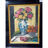 Oil on Canvas still life of a vase of flowers and fruit, signed Peploe, 17,5in x 13.5in.