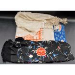 Vintage black cotton and foliate coloured silk embroidered shawl with tassels, together with a