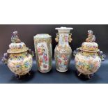 Two Cantonese famille rose vases (AF); together with a pair of Japanese ovoid lidded vases (4)