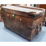Leather iron bound rectangular trunk with twin carrying handles, width 27in.