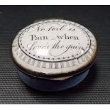 George III Staffordshire enamel oval hinge lidded patch box, the lid inscribed 'No toil is pain when