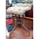 Edwardian brass adjustable organ stool with tubular backrest over a button back upholstered seat and