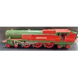 A Meccano built model railway locomotive upon track, length 44in