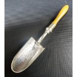White metal Stilton scoop with turned horn handle.