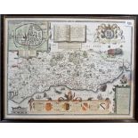 JOHN SPEEDE & JOHN NORDEN Map of Sussex Hand coloured copper engraving With Vignette of Chichester