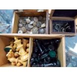 Weighted chess set in slide box; together with two boxes of metal detector finds including livery