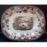 Victorian brown transfer printed meat platter in 'Eton College' pattern and with gravy well, width