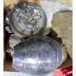 Box of silver plated wares including a large banded barrel.