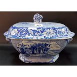 19th Century blue and white transfer printed oblong section tureen and cover, the lid with