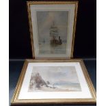 W.B.HENLEY (19TH CENTURY BRITISH) Coastal landscape with figures, a steamship beyond Watercolour