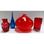 Four pieces of coloured glass to include a Whitefriars cylindrical cranberry vase, ovoid red glass
