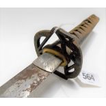 Japanese long sword with bound shagreen handle and two leaf shaped Menuki pierced steel Tsuba and