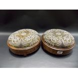 Pair of Victorian inlaid circular footstools, beadwork upholstered