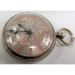 Victorian silver open face pocket watch with silvered textured dial with Roman Numerals with