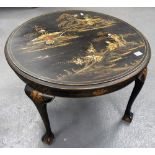 Early 20th Century black lacquered Japaned circular occasional table, the top painted and gilded