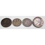 Four coins including a Macclesfield half penny token dated 1791, silver 1892 Netherlands
